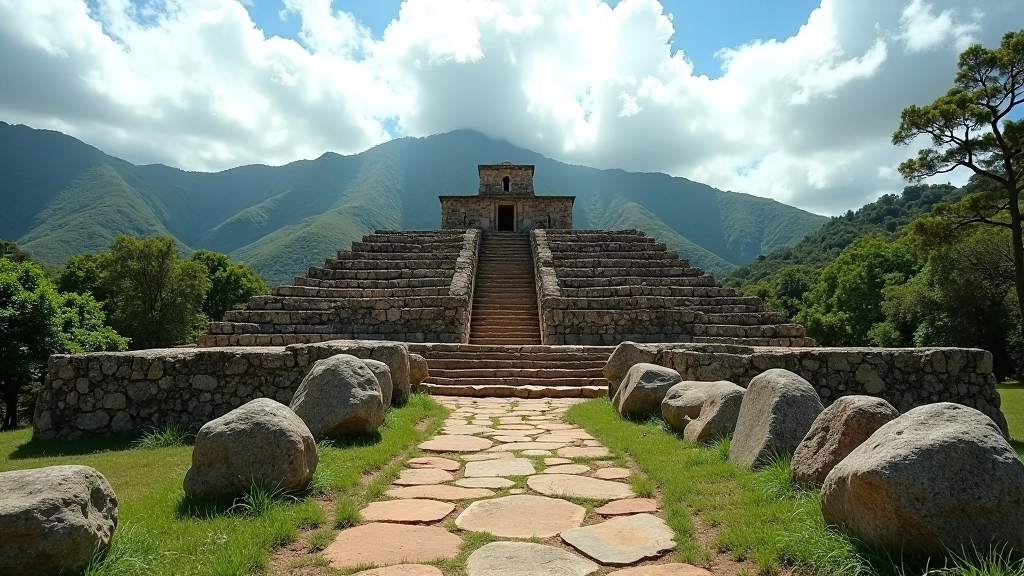 Estructura de piedra del centro ceremonial con vista panorámica del paisaje montañoso