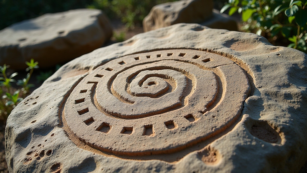 Símbolos geométricos taínos tallados en piedra: espirales, círculos concéntricos y líneas cruzadas en patrón ceremonial