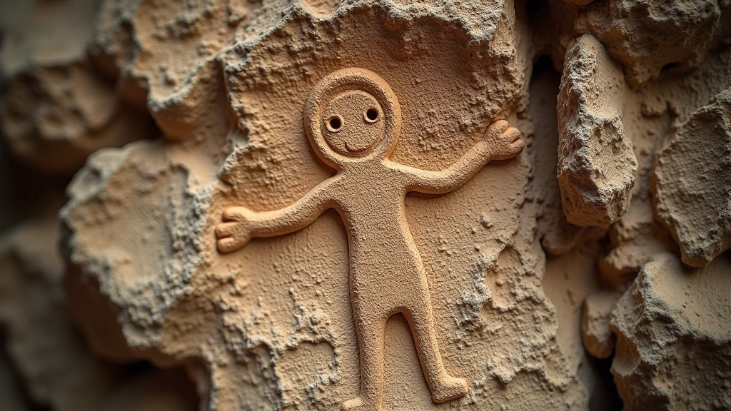 Figura humana tallada en piedra con brazos extendidos, representación de deidad taína en petroglifo antiguo