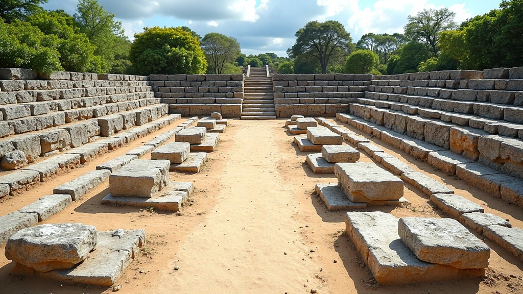 Cancha ceremonial rectangular de Caguana con piedras alineadas en patrón geométrico bajo sol