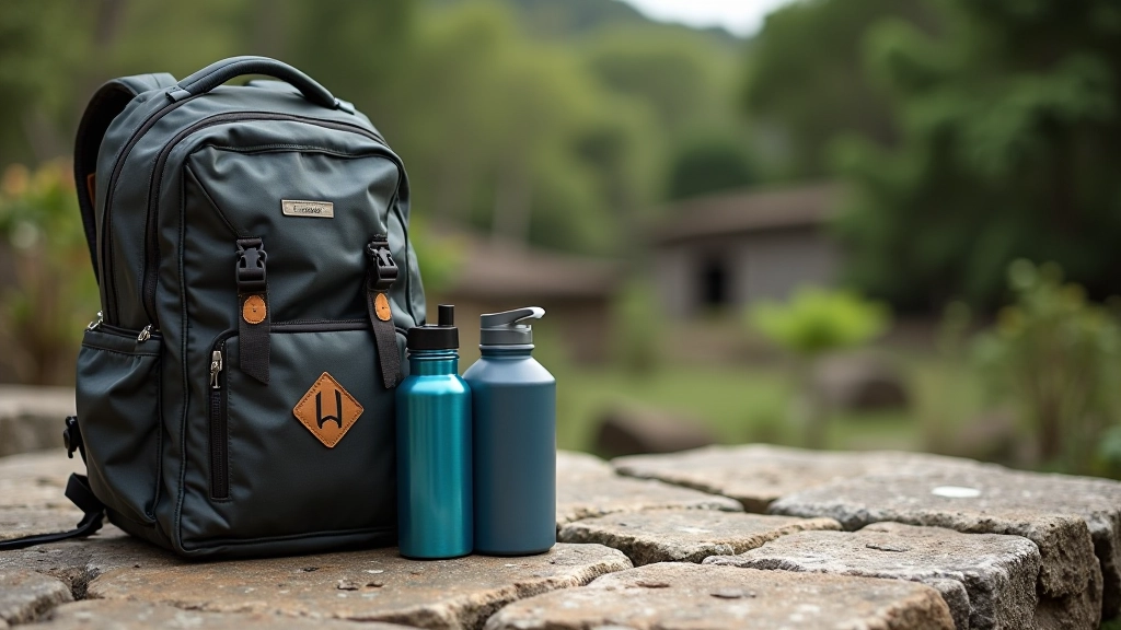 Mochilas y botellas de agua reposando en una superficie de piedra, equipo de viaje preparado, luz natural