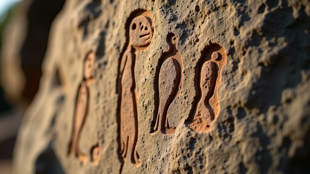 Detalle de petroglifos antiguos tallados en roca, símbolos taínos visibles, luz natural sobre la piedra