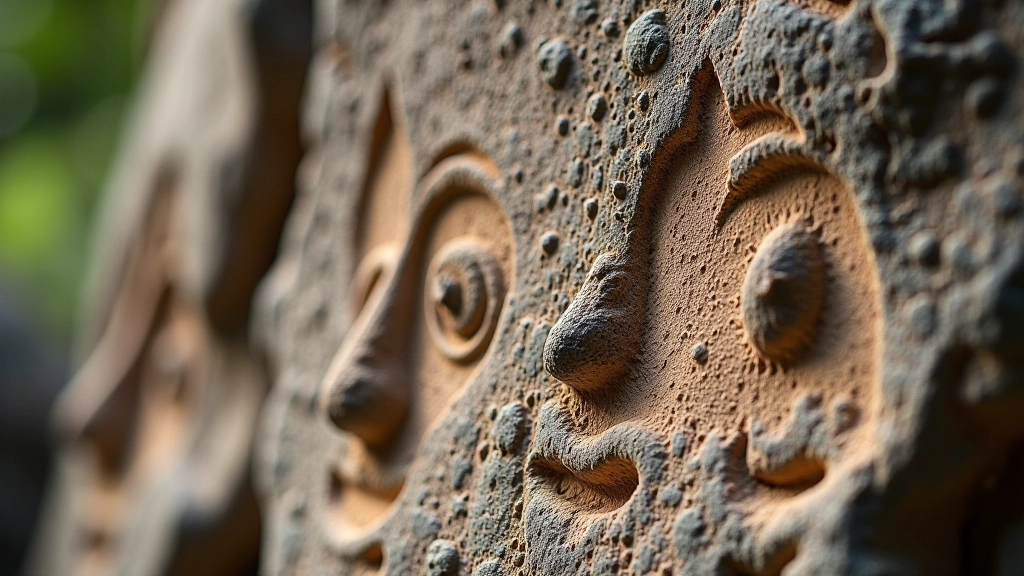 Detalle cercano de petroglifos grabados mostrando rostros y símbolos espirituales taínos en relieve