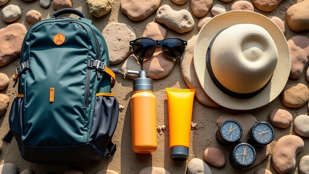Mochila de senderismo con equipamiento básico sobre roca, gafas de sol, botella de agua y bloqueador solar