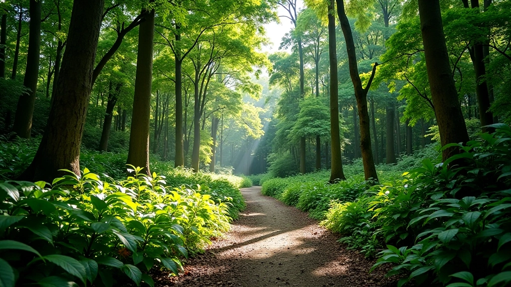 Sendero arbolado en el bosque con luz natural filtrada entre las ramas