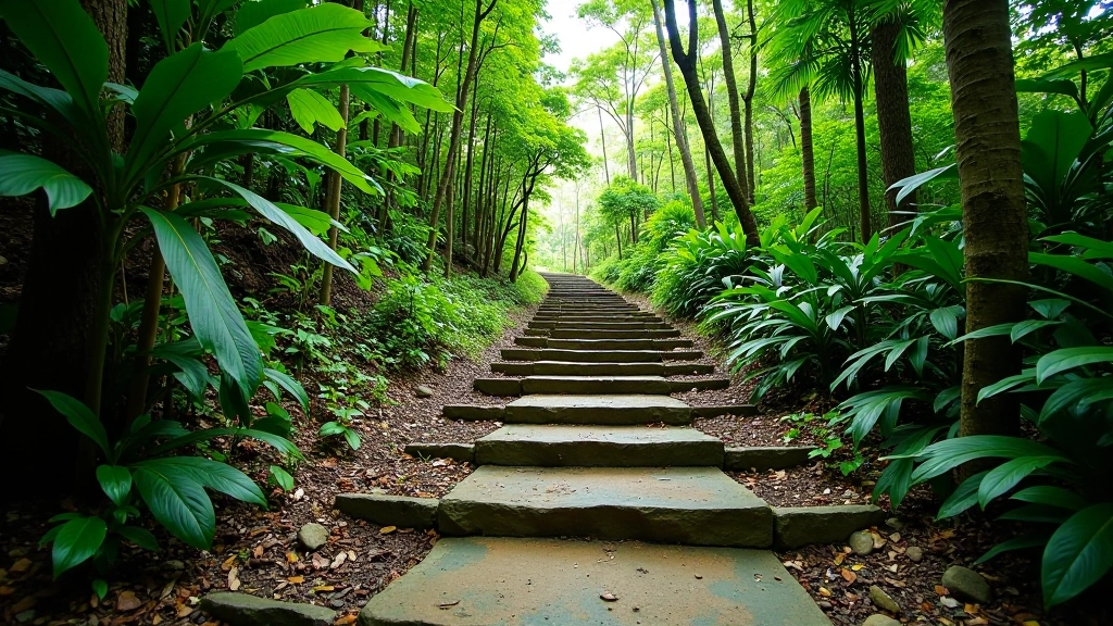 Sendero forestal con escalones de piedra y vegetación tropical a ambos lados