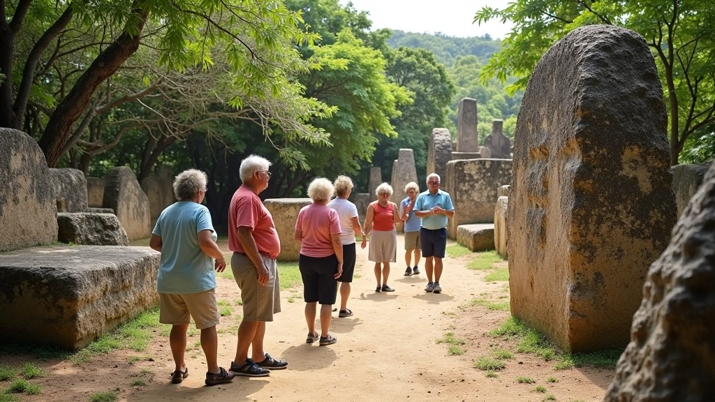 Grupo de visitantes jubilados durante una caminata guiada en el Centro Ceremonial de Caguana observando petroglifos antiguos