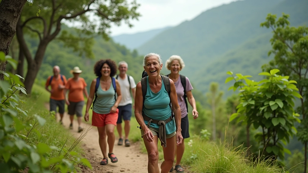 Grupo de personas adultas caminando en sendero montañoso