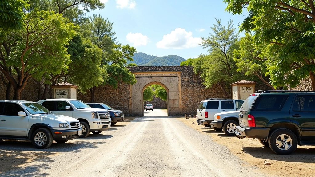 Área de estacionamiento junto a entrada de sitio arqueológico, señales claras de tráfico, terreno de grava