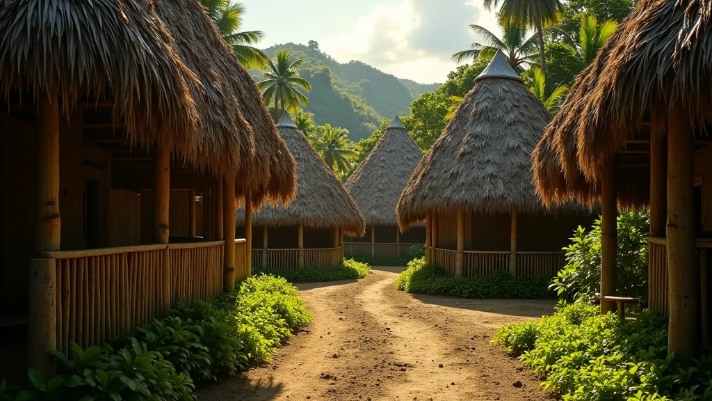 Reconstrucción de aldea taína con bohíos tradicionales de paja y madera en paisaje tropical con vegetación exuberante