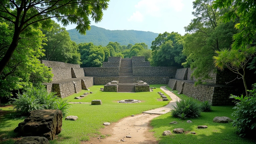 Sendero del Centro Ceremonial Indígena de Caguana rodeado de vegetación exuberante y ruinas de piedra antigua bajo cielo azul